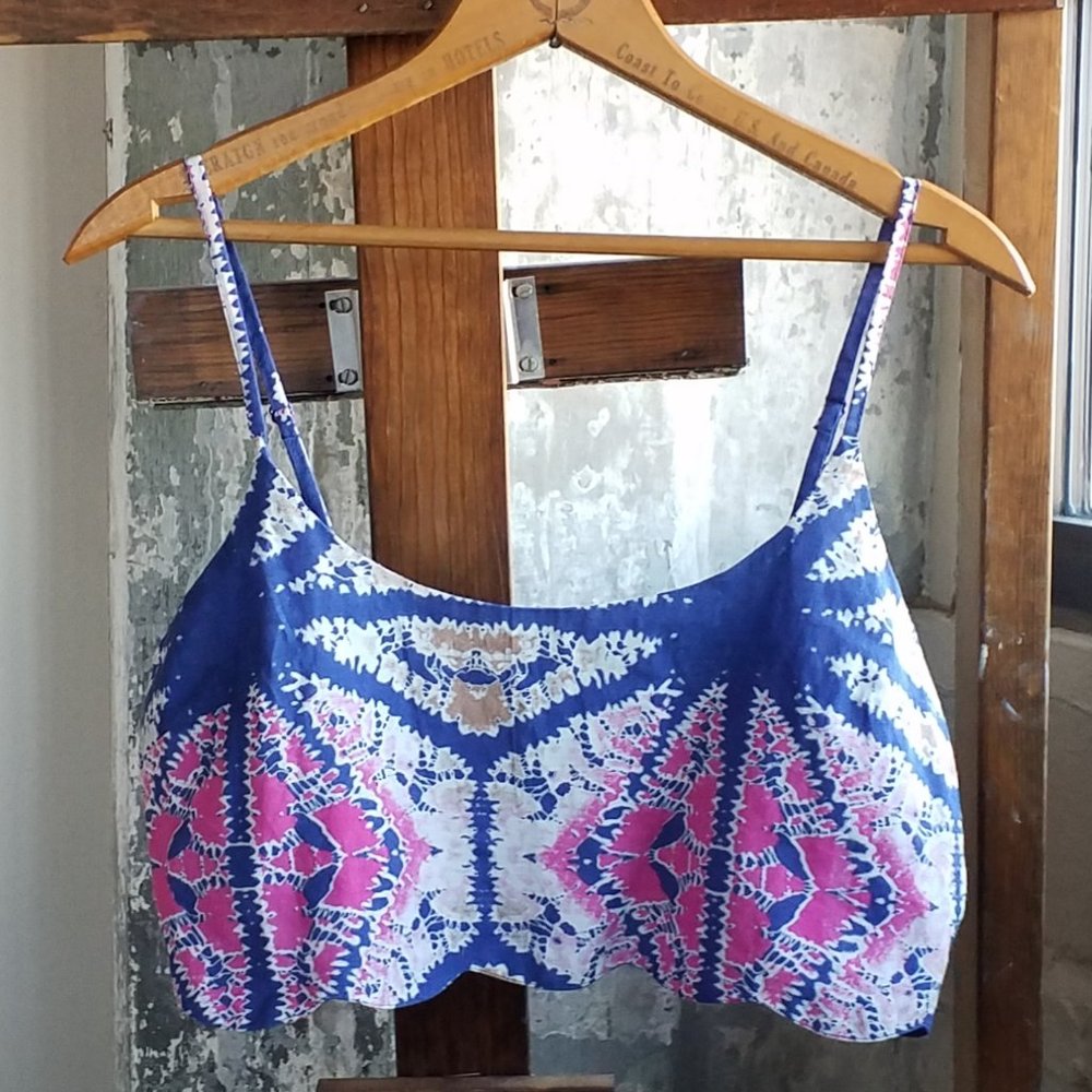 FREE PEOPLE Boho Batik Tye Dyed Crop Blue Pink Camisole Tank Top, Size Small